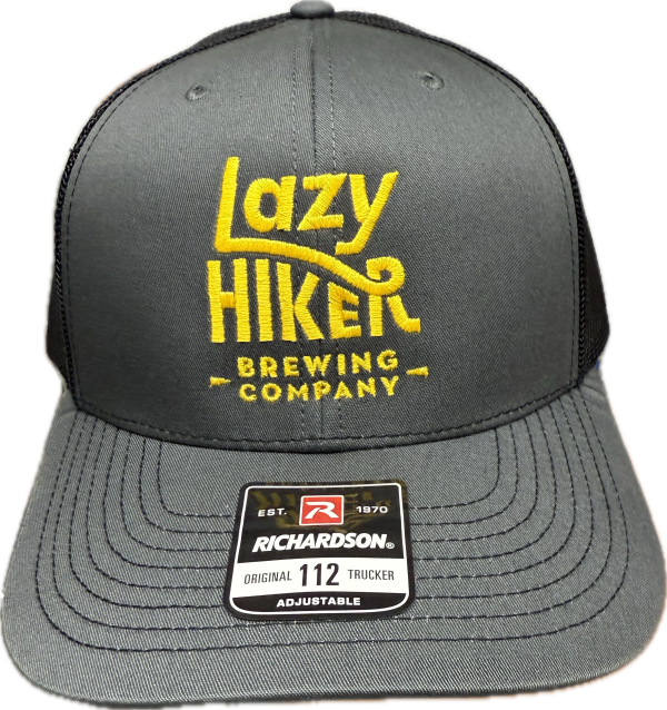 HATS: 112- Charcoal/Black Yellow Lazy Hiker Font